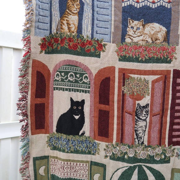 Vintage 90s multicolor cats in windows woven tapestry blanket - Picture 3 of 4